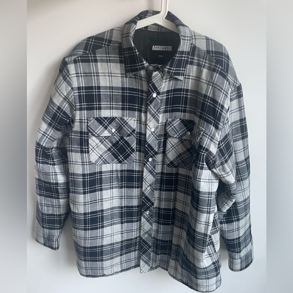 Men's Navy and White Plaid Shirt Jacket